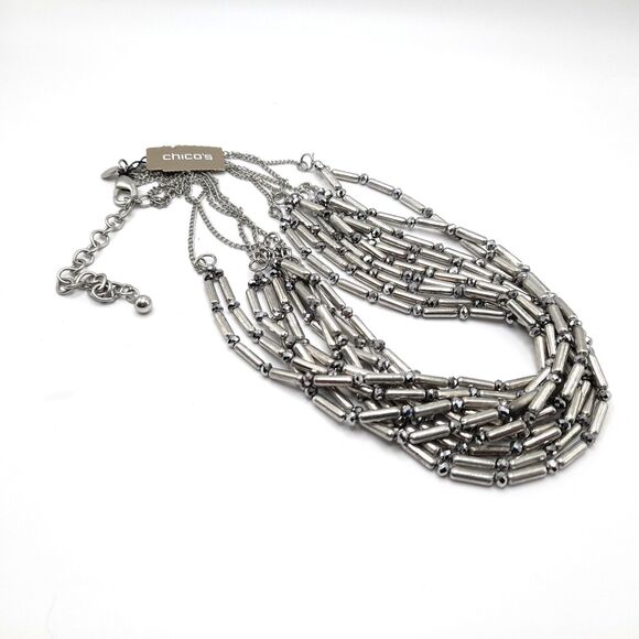 CHICO'S Silver Metal Crystal Bead Layered Multi Strand STATEMENT NECKLACE NWT - Picture 11 of 11